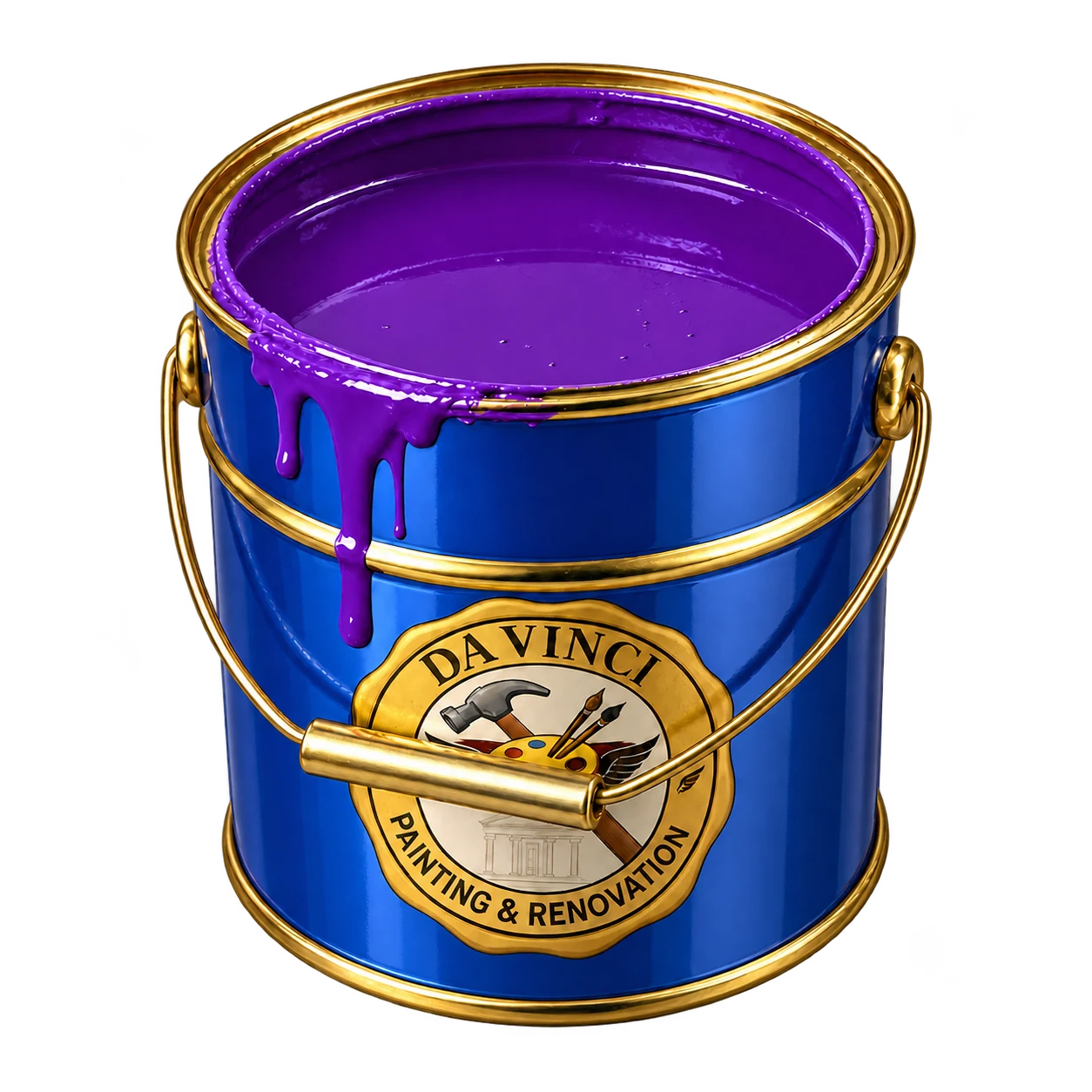 Blue and gold bucket filled with purple paint and the original DAVINCI logo