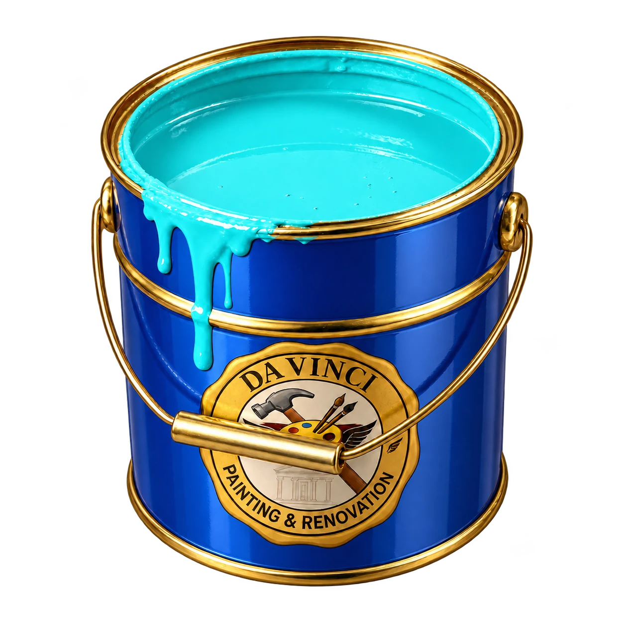 Blue and gold bucket filled with turquoise paint and the original DAVINCI logo