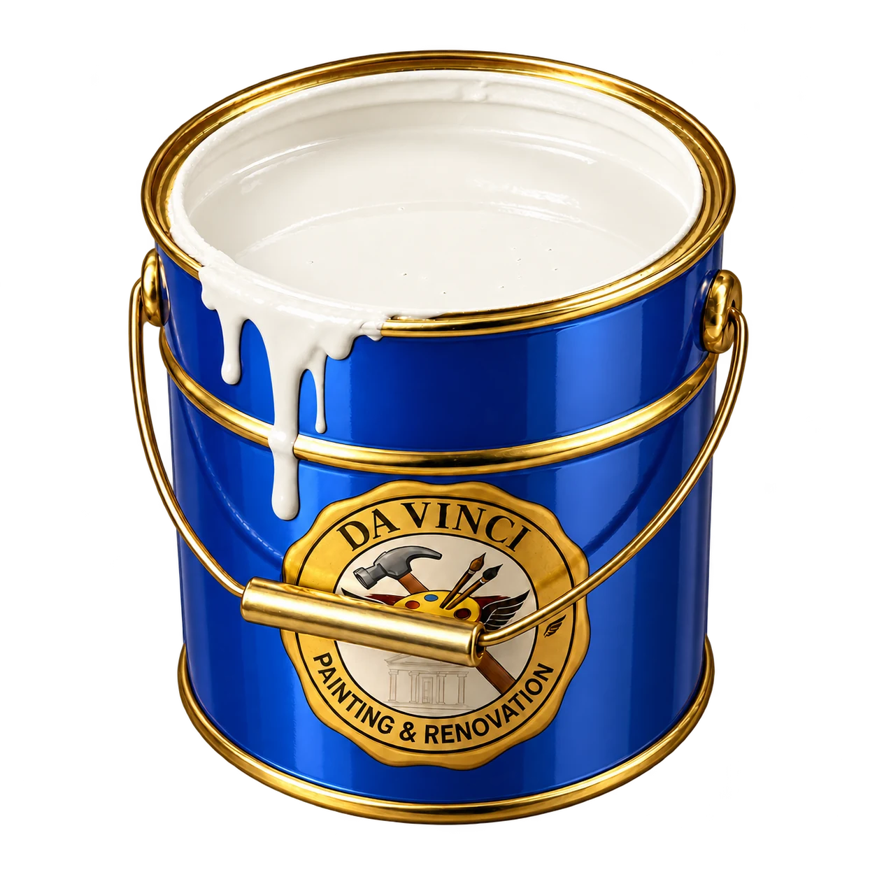 Blue and gold bucket filled with white paint and the original DAVINCI logo
